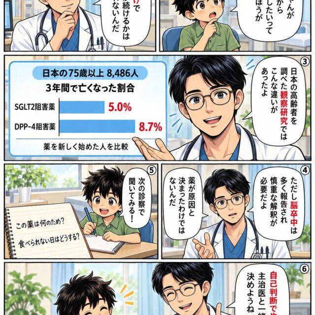 高齢者の糖尿病薬について、75歳以上の観察研究と主治医への相談を紹介する教えてT先生の6コマ漫画