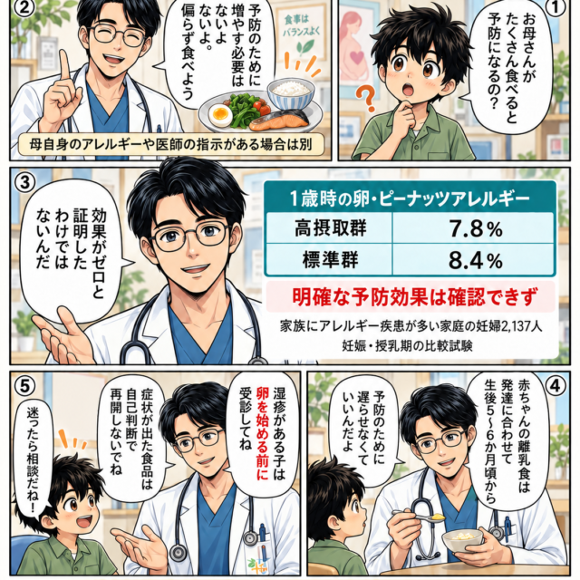 妊娠中の卵・ピーナッツ摂取と赤ちゃんのアレルギー予防を解説するT先生とたろうくんの漫画