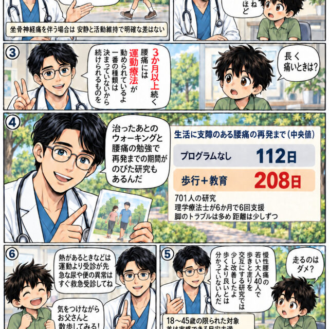 急な腰痛はできる範囲で普段どおり動くこと、長引く腰痛には運動療法が勧められること、ウォーキングの研究、すぐ受診が必要なサインを紹介する教えてT先生の6コマ漫画