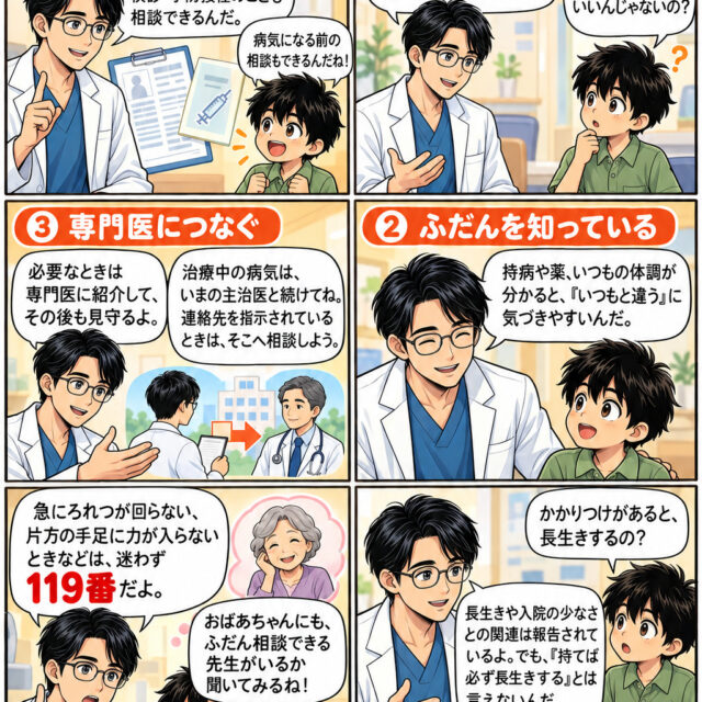 かかりつけ医を持つメリットとして、予防の相談、ふだんの様子を知っていること、専門医へのつなぎ役を紹介し、急な異変は迷わず119番と伝える教えてT先生の6コマ漫画