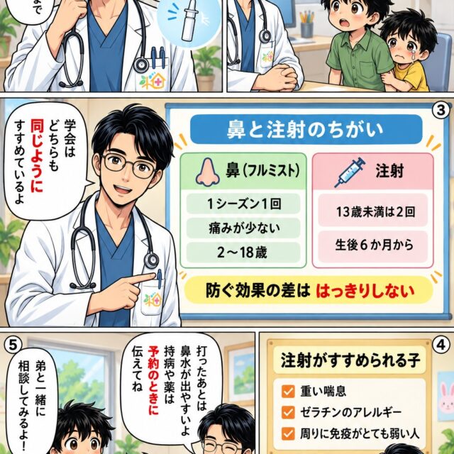 鼻のワクチン（フルミスト）と注射のインフルエンザワクチンの違いと、注射がすすめられる子どもを紹介する教えてT先生の5コマ漫画